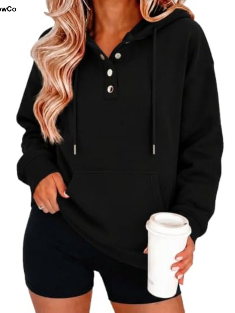 Womens V-Neck Button Front Hooded Sweatshirt Oversized Pullover